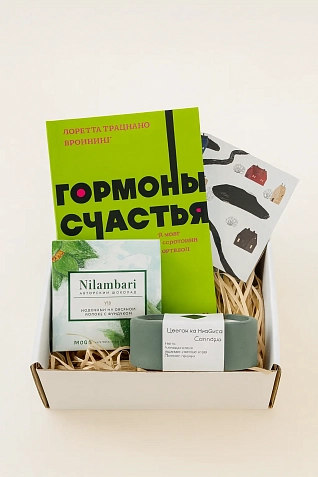 Подарочный набор на Новый год с книгой «Гормоны счастья» со свечой и шоколадом, фото 2.