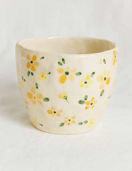 Стакан ручной работы «Оранжевые и желтые цветочки», белый, керамика, 450 мл, фото 2.