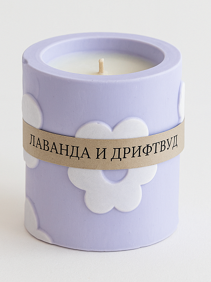 Соевая свеча «Цветочки» в стакане с ароматом лаванды и дрифтвуда, гипс, фото 2.