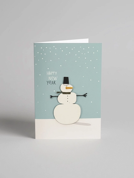 Открытка ВОЕ с деревянными элементами «Happy New Year cо снеговиком», открывающаяся, фото 1.