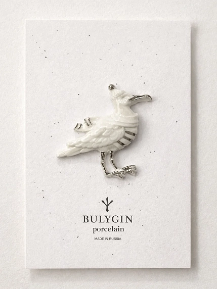 Брошь ручной работы Фарфор Булыгина «Чайка», бело-серебристая, фото 1.