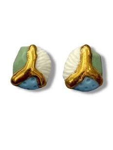 Серьги-гвоздики  ручной работы Трио с позолотой, фарфор