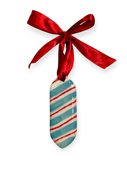 Ёлочная игрушка конфета «Полоски» красно-голубая, белая керамика, фото 1.