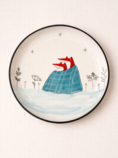 Тарелка ручной работы Ким керамика с бортиком Пара лисичек с пледом, белая, 17 см