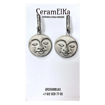 Серьги КерамЕлКа «Лица», фарфор, бело-серые, фото 1.