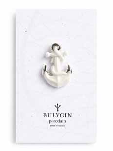 Брошь ручной работы Bulygin «Якорь», бело-серебристая, фарфор