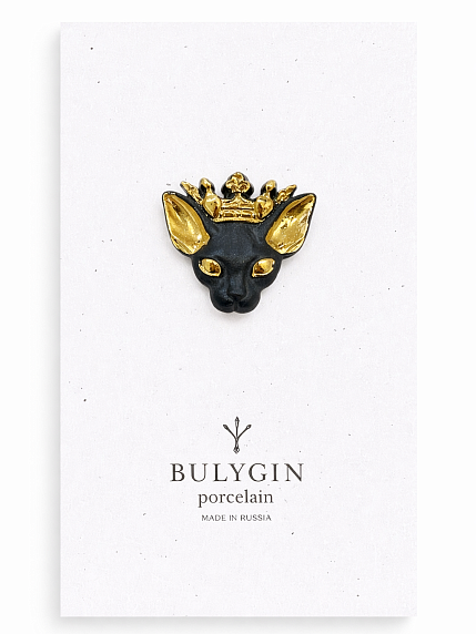 Брошь ручной работы Bulygin «Королева кошек», фарфор, чёрно-золотистая, фото 1.