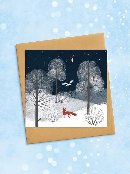 Квадратная зимняя сканди открытка «Лиса в ночном лесу», фото 2.