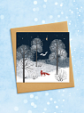 Квадратная зимняя сканди открытка «Лиса в ночном лесу», превью фото 2