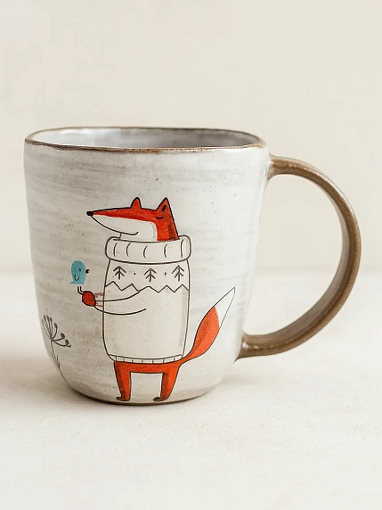 Кружка ручной работы Ким керамика с росписью Лис в свитере и птичка, керамика, 450 мл, фото 1.