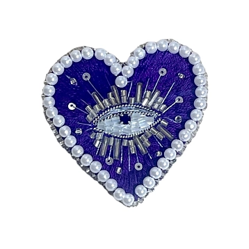 Брошь ручной работы «Heart» с белыми бусинами, фиолетовая, бисер, фото 1.