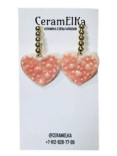 Серьги КерамЕлКа «Сердечки», фарфор, перламутровые розовые
