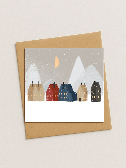Квадратная зимняя сканди открытка «Домики и горы», фото 1.