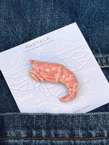 Брошь ручной работы «Креветка оригами», розовая, Partala ceramics, фото 1.