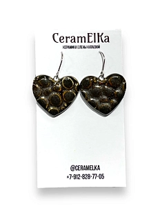 Серьги КерамЕлКа на петле Сердца с пузырями, керамика, тёмно-коричневые