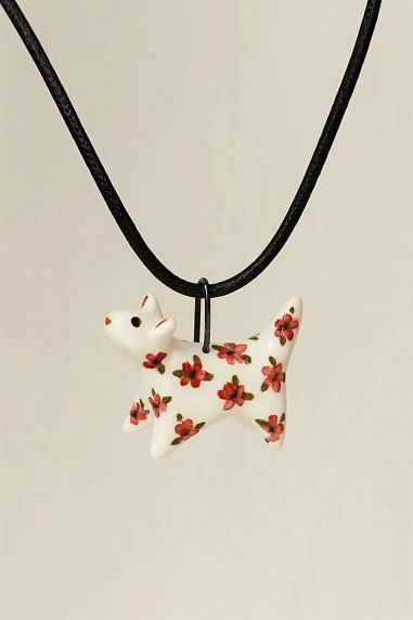 Подвеска ручной работы Боттери керамика «‎Котик»‎ роспись в красный цветочек, керамика, фото 1.