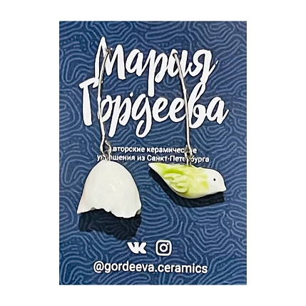 Серьги Мария Гордеева «Птички», керамика, бело-зелёные, фото 1.