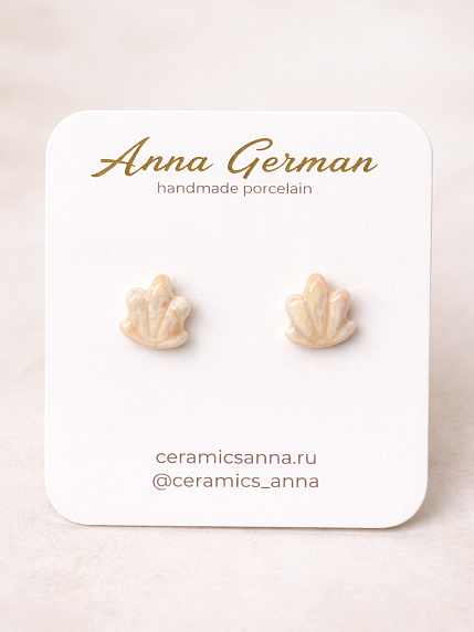 Серёжки-гвоздики «Ракушки розовые», фарфор, розово-перламутровые, фото 1.