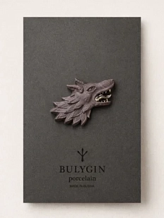 Брошь ручной работы Фарфор Булыгина «Волк», чёрно-серебристая