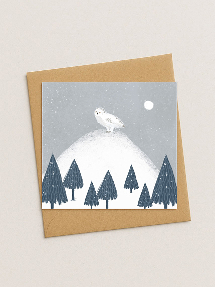 Квадратная зимняя сканди открытка «Сова на горе», фото 1.