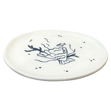 Блюдце Августа с синей росписью Рыбки, белое, 13 см, фото 3.