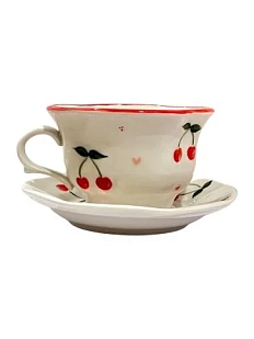 Чайная пара ручной работы Slowday Ceramics «Вишенки», полуфарфор, 200 мл