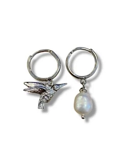 Серьги-конго «Колибри», родированная латунь, жемчуг