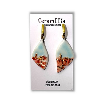 Серьги КерамЕлКа «Городские контуры», фарфор, бело-золотистые, фото 1.