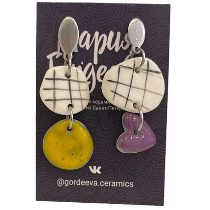 Серьги Мария Гордеева асимметричные составные с сердечком, керамика, разноцветные, фото 1.