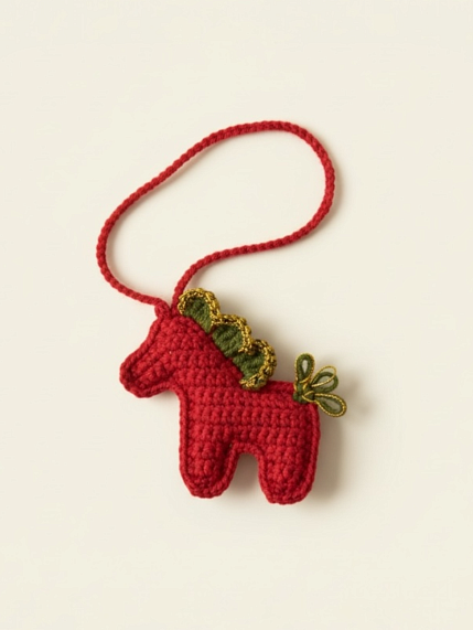Вязаный обвес брелок «Лошадка» красная с зеленой гривой, 7 см, фото 1.