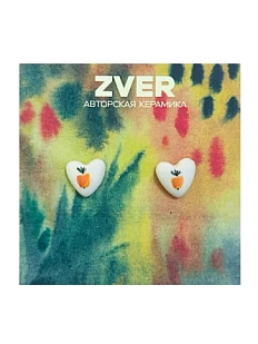 Серьги-гвоздики Звер ручной работы «Сердечко с яблочком», белый, керамика