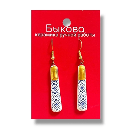 Серьги ручной работы Быкова керамика с синим орнаментом‎, фарфор, фото 1.
