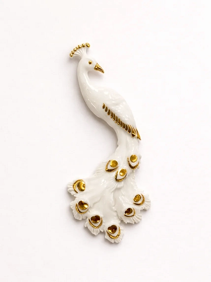 Брошь ручной работы Фарфор Булыгина «Павлин», бело-золотистая, фото 2.