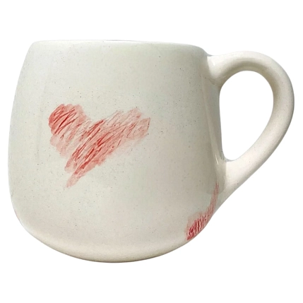 Кружка ручной работы Катя Вебер с розовыми сердечками, белая, полуфарфор, 350 мл, круглая, фото 1.