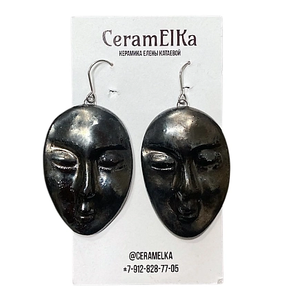 Серьги КерамЕлКа «Лица» большие, фарфор, чёрные, металлик, фото 1.