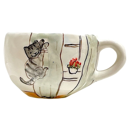 Кружка ручной работы НАДО ЖЕ Серый кот на шторах, керамика, 350 мл, фото 1.