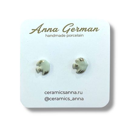 Серёжки-гвоздики «Птицы», фарфор, зелёно-золотистые, фото 1.