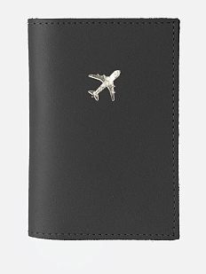 Обложка органайзер для паспорта с серебристым самолётом Kokosina bags, натуральная кожа, чёрный