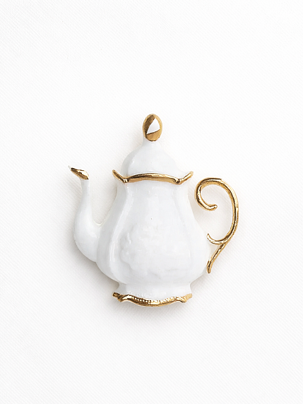 Брошь ручной работы Bulygin «Кофейник», фарфор, бело-золотистая, фото 3.
