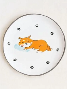 Тарелка ручной работы Ким керамика с бортиком Спящая сиба-ину с лапками, белая, 17 см