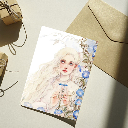 Открытка Оксана Викторова «Девочка с голубым вьюнком», односторонняя, фото 2.