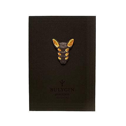 Брошь ручной работы Bulygin «Кошка 6 глаз», фарфор, чёрно-золотистая, фото 4.