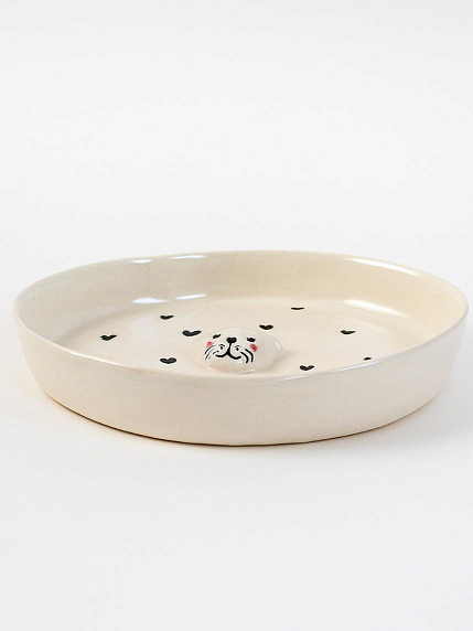 Тарелка ручной работы с фигуркой Котик, белая в черное сердечко, полуфарфор, 18 см, фото 2.