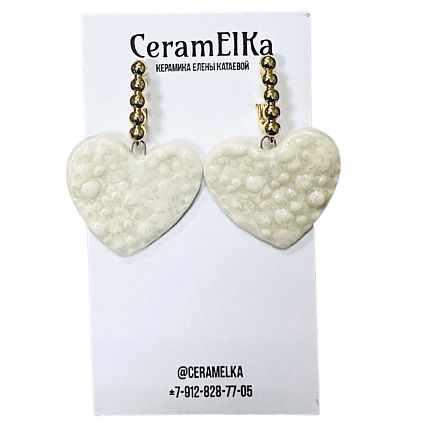 Серьги «Сердечки», фарфор, перламутровые белые, фото 1.
