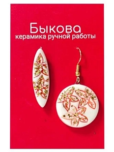 Серьги ручной работы Быкова керамика «Красные цветы», ассиметричные‎, фарфор