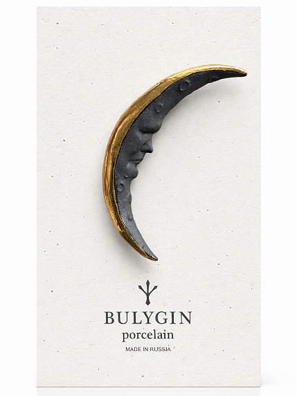 Брошь ручной работы Bulygin «Месяц», фарфор, чёрно-золотистая, фото 1.