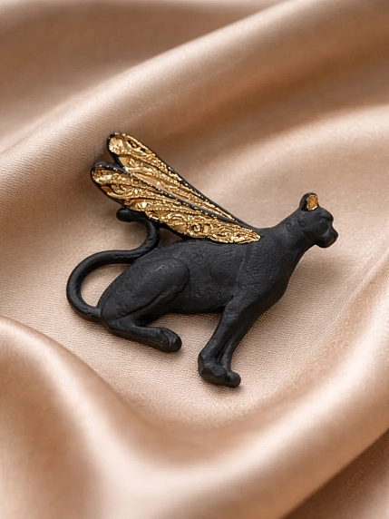 Брошь ручной работы Фарфор Булыгина «Гепард», чёрно-золотистая, фото 2.