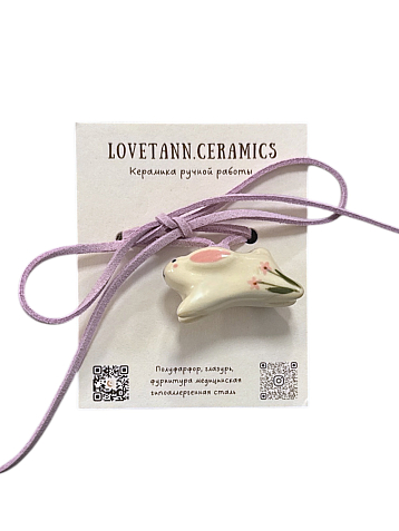 Чокер ручной работы «Зайка» с розовым цветочком, полуфарфор, фото 3.