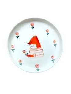 Тарелка ручной работы Ким керамика с бортиком Лисёнок с розовыми ягодками, белая, фарфор, 13 см