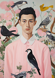 Постер интерьерный «Молодой мужчина в розовой рубашке с птицами», А2